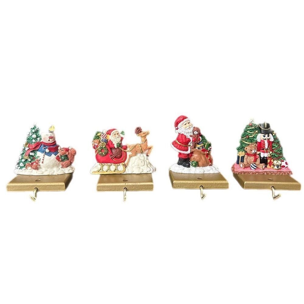 Lot Of 4 Vintage Cast Iron Santa Nutcracker Reindeer Christmas Stocking Holders